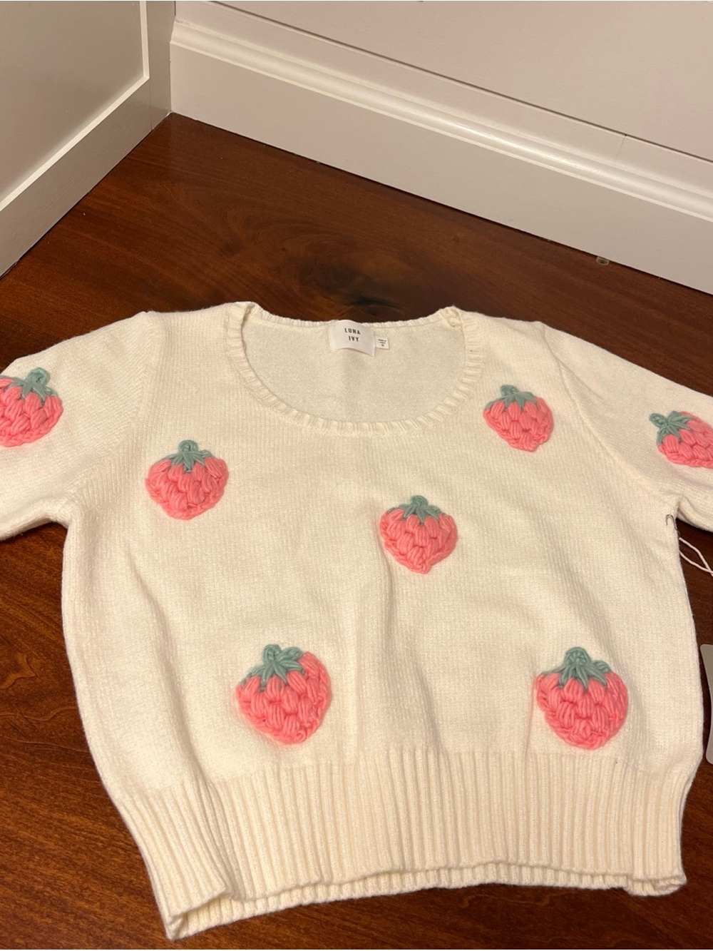 Women’s Cream Crewneck Sweater with Pink Strawberry Appliqués